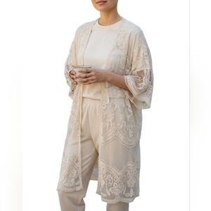 American Rag Cream Ecru Lace Floral Embroidered Boho Hippie Kimono L